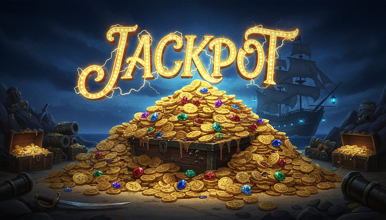 pile of gold coins and a glowing jackpot sign